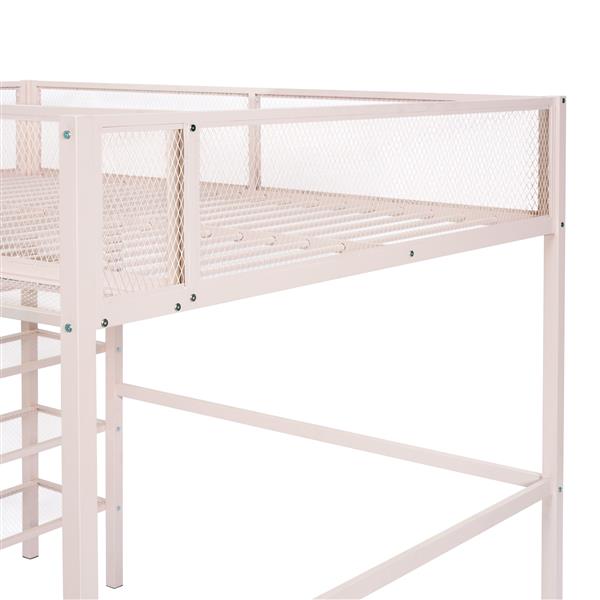 Full Size Metal Loft Bed with 4-Tier Shelves and Storage, Pink