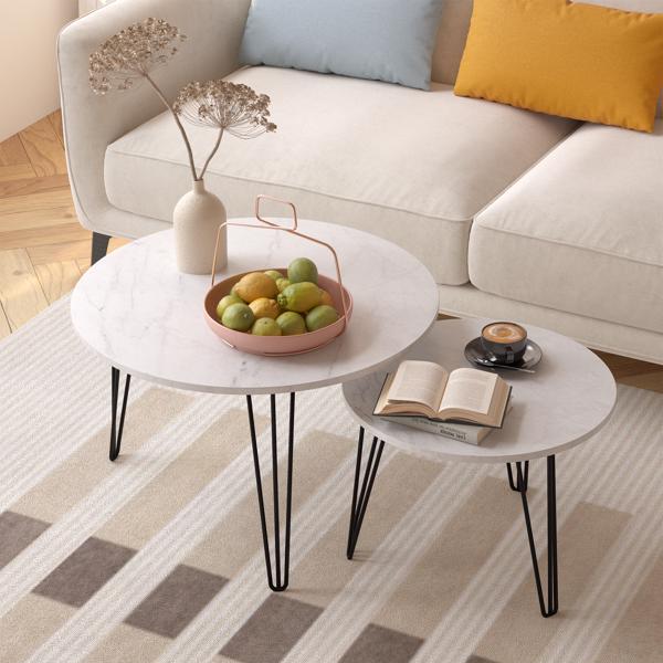 27.56'' Round Nesting Coffee Table Set of 2, Circular Nesting End Table Set, Round Marble Tabletop, and Sturdy Metal Base for Living Room, bedroom, White 