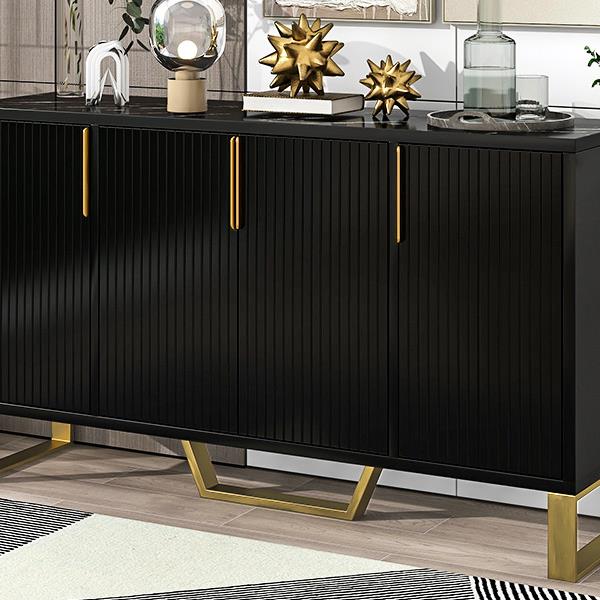 Modern sideboard with Four Doors, Metal handles & Legs and Adjustable Shelves Kitchen Cabinet (Black)