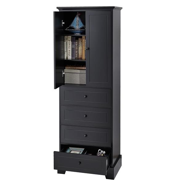 Storage Cabinet with 2 Doors and 4 Drawers for Bathroom, Office, Adjustable Shelf, MDF Board with Painted Finish, Black