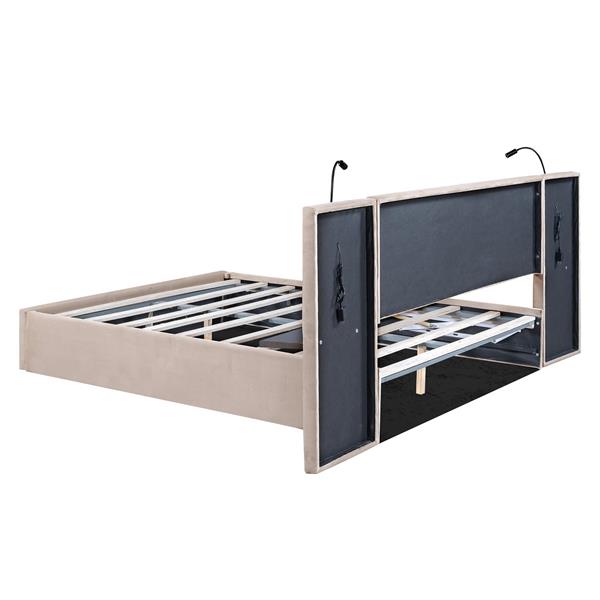 Queen Size Storage Upholstered Hydraulic Platform Bed with 2 Shelves, 2 Lights and USB, Beige