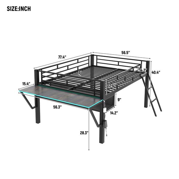 Gaming mid loft bed with desk, LED, Full, Black