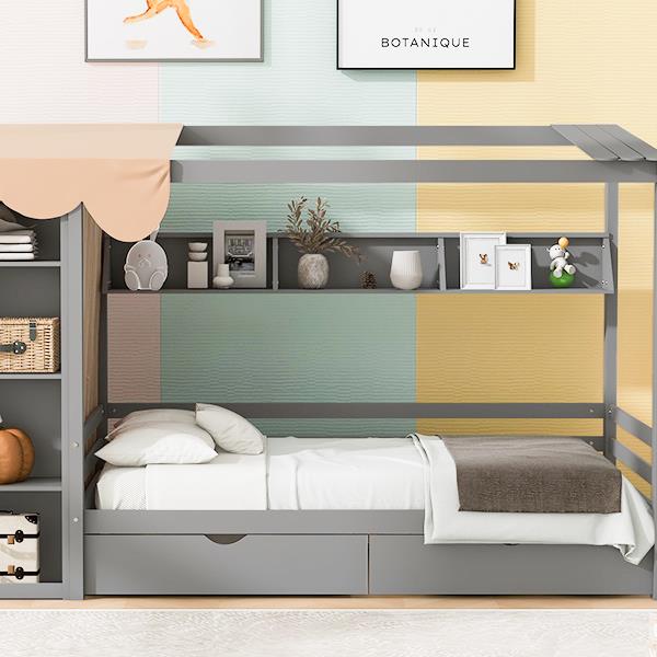 Twin size House Bed with Two Drawers and Wardrobe,Gray