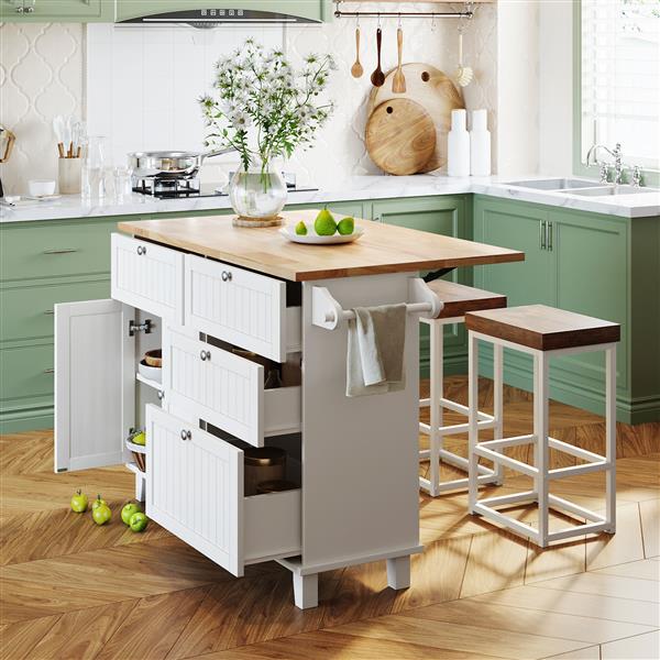 Farmhouse Kitchen Island Set with Drop Leaf and 2 Seatings,Dining Table Set with Storage Cabinet, Drawers and Towel Rack, White+Rustic Brown