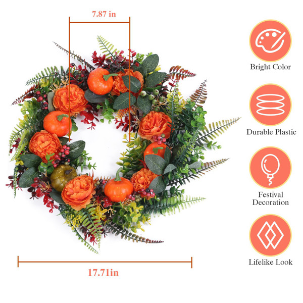 17.71" Autumn Wreath with Pumpkin Mixed Leaves Berries Flowers Fall Decoration for Indoor Outdoor Window Wall Front Door in Halloween Thanks Giving Day