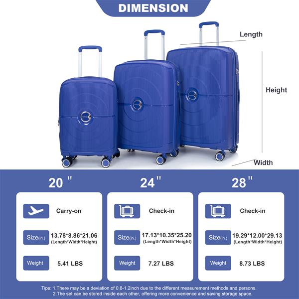 Expandable Hardshell Suitcase Double Spinner Wheels PP Luggage Sets Lightweight Durable Suitcase with TSA Lock,3-Piece Set (20/24/28) ,Navy