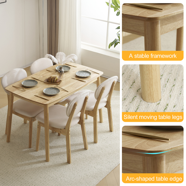 Disassembly rubber wood soft package wood color dining table and chair set 1 table 4 chair beige cushion rectangular