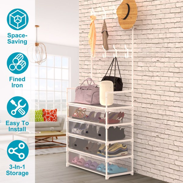 5-Tier Dustproof Entryway Hall Tree Coat Rack Shoe Rack With 8 Removable Hooks Freestanding Shoe Storage Shelf Hat Clothes Organizer For Front Door Bedroom Entryway