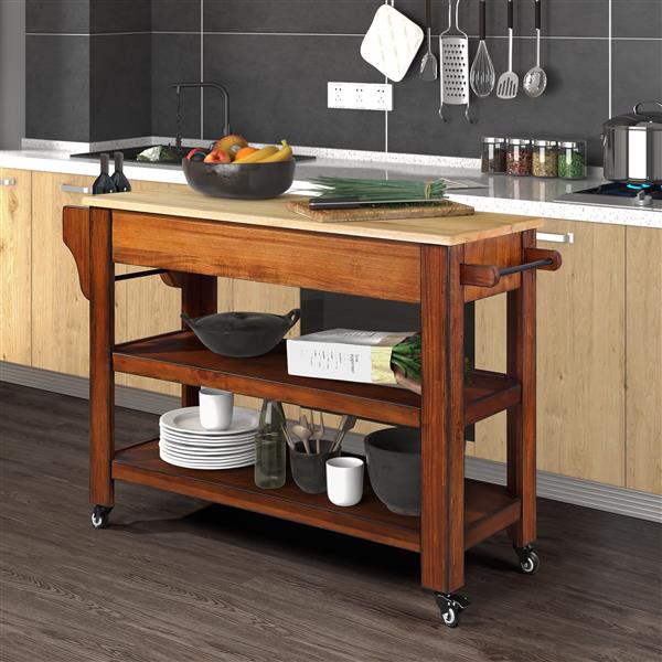 57 inch Rolling Kitchen Island with Storage,Kitchen Cart with Solid OAK Wood Top,Two-sided Kitchen island Cart on Wheels ,Wine and Spice Rack, Large Kitchen Cart with 2 Drawers, Walnut+Natural Top