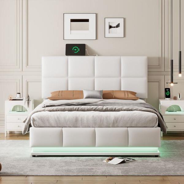 Full Size Tufted Upholstered Platform Bed with Hydraulic Storage System,PU Storage Bed with LED Lights and USB charger, White