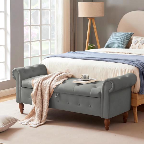 Grey, Solid Wood Legs, Velvet Bedroom End of Bed Storage Bench, Rolled Side Sofa Bench, Toy Storage Bench