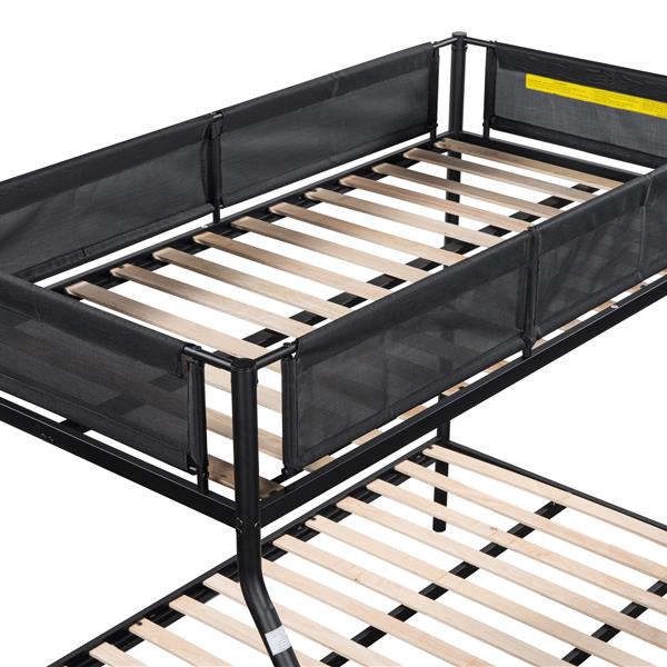 Twin over Full Metal Bunk Bed with Trundle/ Sturdy Metal Bed Frame/ Noise-Free Wood Slats/ Comfortable Textilene Guardrail/ Space-saving Trundle/ Bunk Bed for Three/ No Box Spring Needed