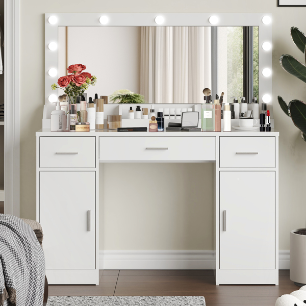 47.2"Vanity Desk with Large Mirror, 3 Colour Lighting Modes, Adjustable Brightness, Dresser with 3 Drawers & 2 Vertical Cabinets, Makeup Vanity Table for Women & Girls (White) 