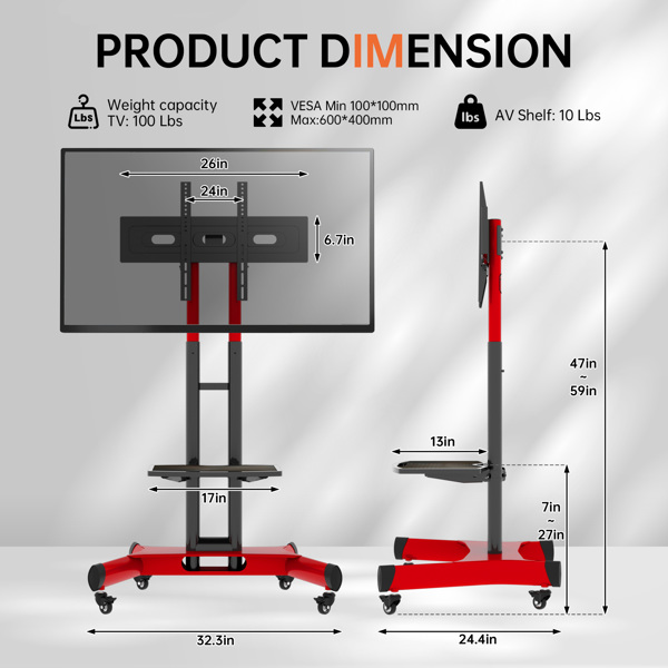 Universal Swivel TV Stand for 32–80 inch TVs, Height Adjustable Table Top TV Stand Mount with Tilt, Max VESA 600x400mm (Red) 