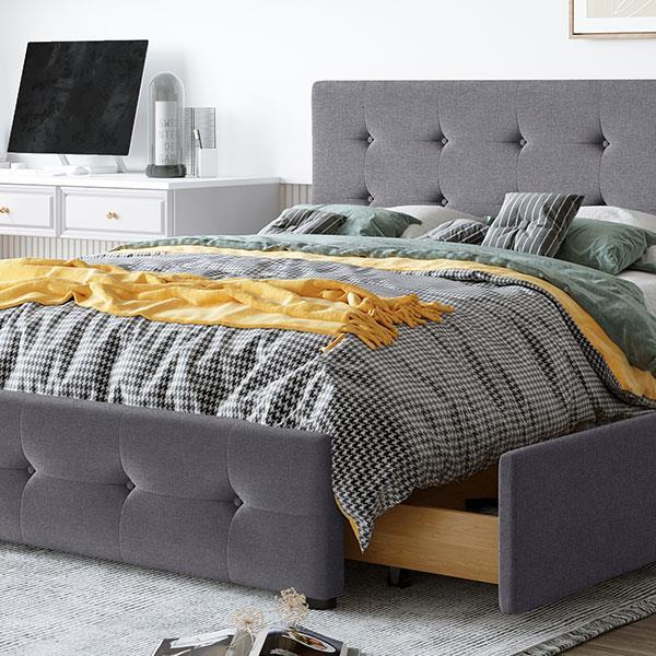 Upholstered Platform Bed with Classic Headboard and 4 Drawers, No Box Spring Needed, Linen Fabric, Queen Size Dark gray