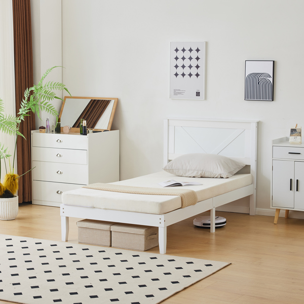 Twin Size Solid Wood Platform Bed Frame with Headboard White