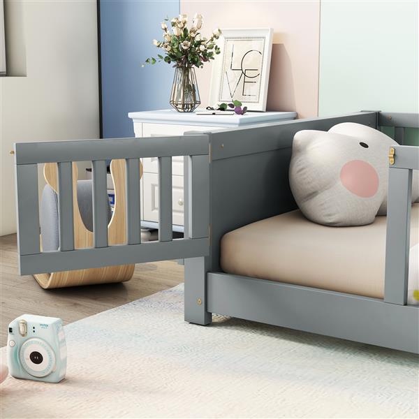 Twin size Floor Platform Bed with Built-in Book Storage Rack, Door,Grey