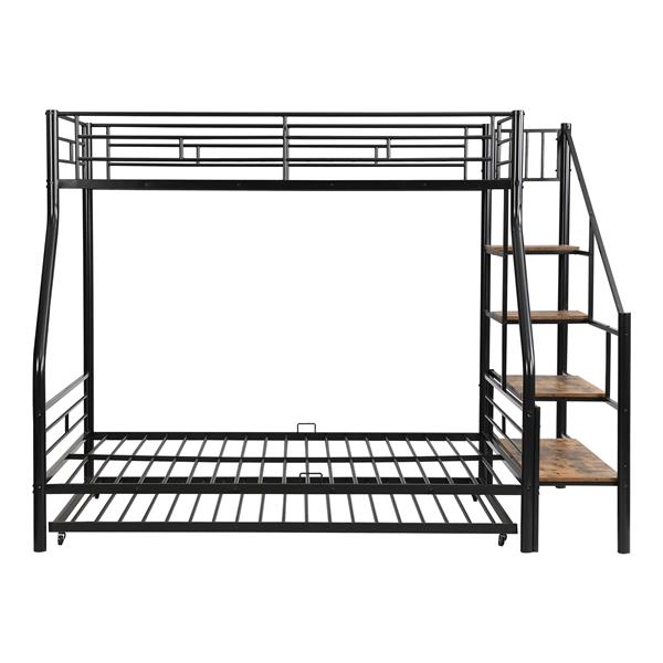 Twin over Full Size Metal Bunk Bed with Trundle and Storage Staircase, Black