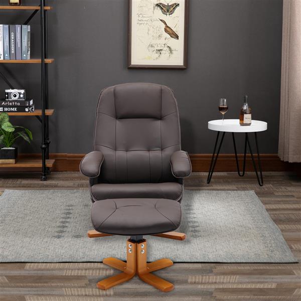 Recliner Chair with Ottoman, Swivel Recliner Chair with Wood Base for Livingroom, Bedroom, Faux Leather Beige,Brown