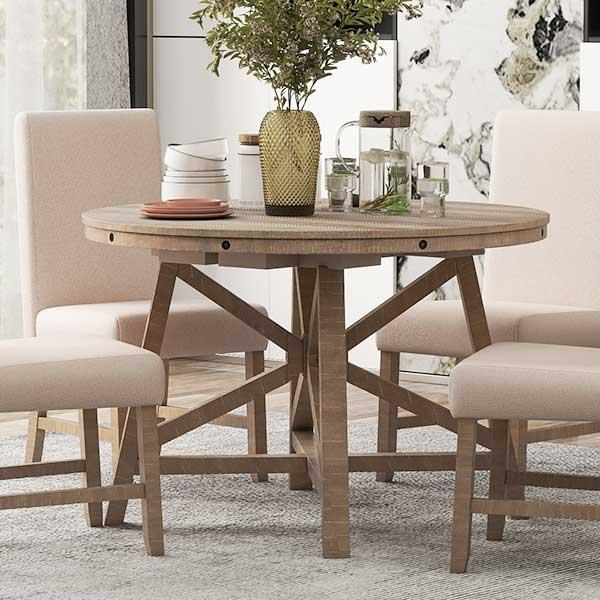 5-Piece Retro Functional Dining Set with Extendable Round Table with Removable Middle Leaf and 4 Upholstered Chairs for Dining Room and Living Room (Natural Wood Wash)