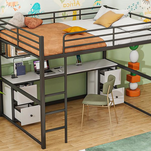 Full Size Metal Loft Bed with Desk, Drawers and Bedside Tray, Charging Station, USB and socket