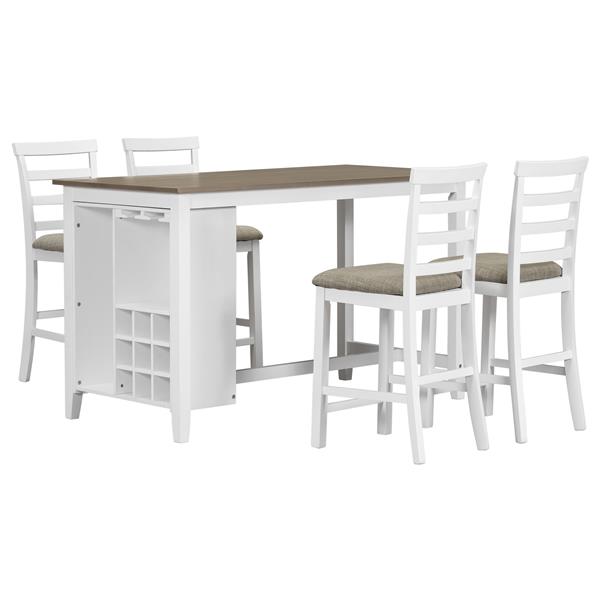 5-Piece Multi-Functional Rubber Wood Counter Height Dining Set with Padded Chairs and Integrated 9 Bar Wine Compartment, Wineglass Holders for Dining Room (Brown + White Wash)