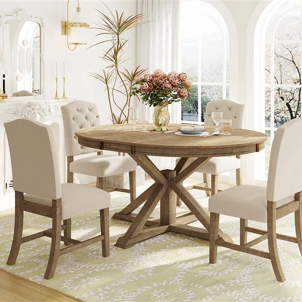 Functional Furniture Retro Style Dining Table Set with Extendable Table and 4 Upholstered Chairs for Dining Room and Living Room(Natural Wood Wash)