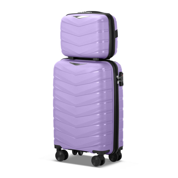 FCH V-shaped striped 2-piece set with PP handbag PP trolley case 14in 20in PP iron trolley fashionable color - taro purple (grain pattern)