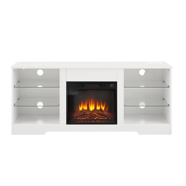 TV Stand Electric Fireplace TV Stand with Glass Shelves, 3D Fireplace TV Stand with LED Lights Wood with USB Charging Outlet Modern Television Table Center for TV up to 32-62" White 58''W*15.5''D*24.4