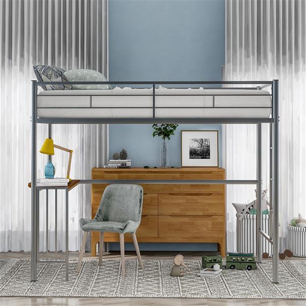 Twin Metal Loft Bed with Desk, Ladder and Guardrails, Loft Bed for Bedroom, Silver