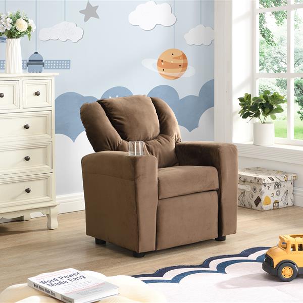 Kids Recliner Chair, Kids Upholstered Couch with One Cup Holder, Footrest, Backrest, Toddlers Velvet Recliner with Headrest and Footrest