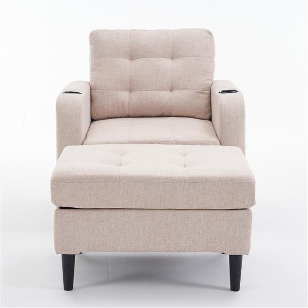 Beige Upholstered Armchair and Storage Ottoman Set - Comfortable Single Sofa with Cup Holders and Tufted Detailing, Ideal for Living Room or Bedroom