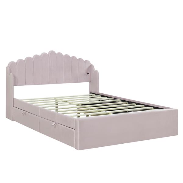 Queen Size Upholstered Platform Bed with 4 Drawers and 2 USB, Pink