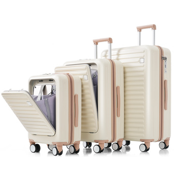 Luggage Set of 3, 20, 24, 28inch with USB Port, 20, 24inch with front opening design Airline Certified Carry on Luggage with Cup Holder, ABS Hard Shell Luggage with Spinner Wheels, ivory and gloden