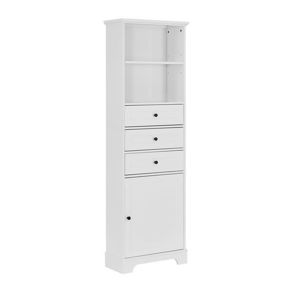 White Tall Storage Cabinet with 3 Drawers and Adjustable Shelves for Bathroom, Kitchen and Living Room, MDF Board with Painted Finish