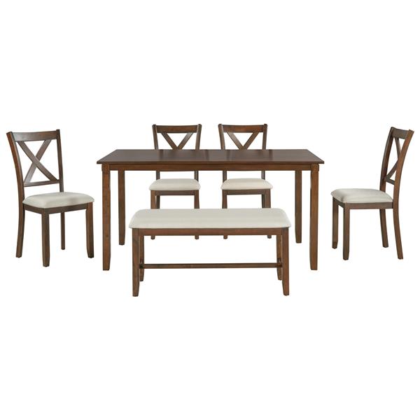 6-Piece Kitchen Dining Table Set Wooden Rectangular Dining Table, 4 Fabric Chairs and Bench Family Furniture (Natural Cherry)