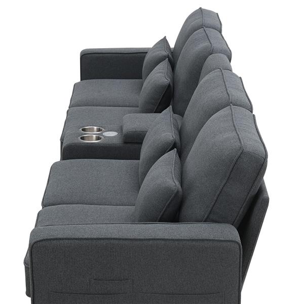 [VIDEO provided] [New] 114.2" Upholstered Sofa with Console, 2 Cupholders and 2 USB Ports Wired or Wirelessly Charged, Modern Linen Fabric Couches with 4 Pillows for Living Room, Apartment (4-Seat)