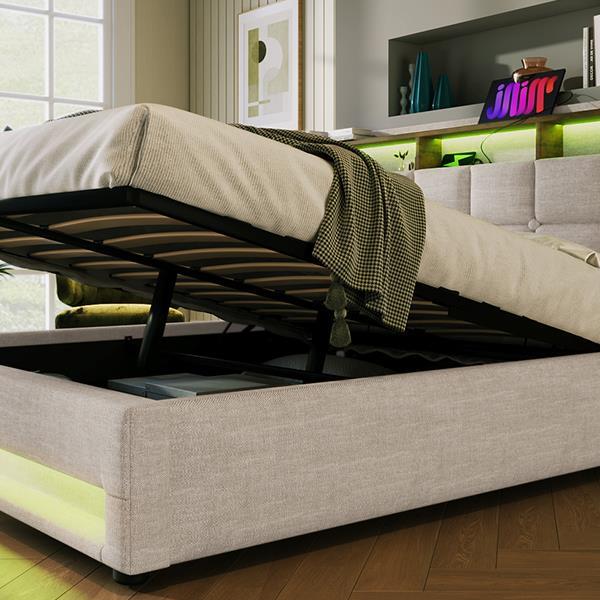 Queen size Upholstered Platform bed with a Hydraulic Storage System, LED and USB Charging, Natural (without mattress)