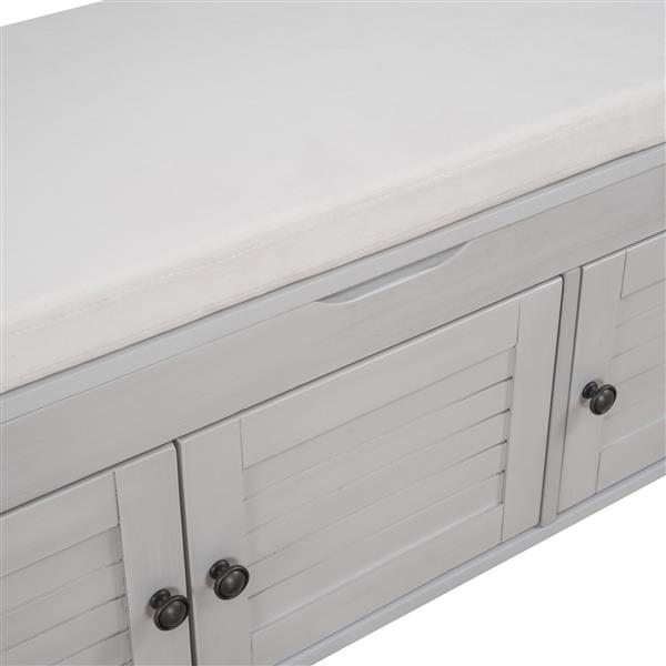 Storage Bench with 3 Shutter-shaped Doors, Shoe Bench with Removable Cushion and Hidden Storage Space (Gray Wash)