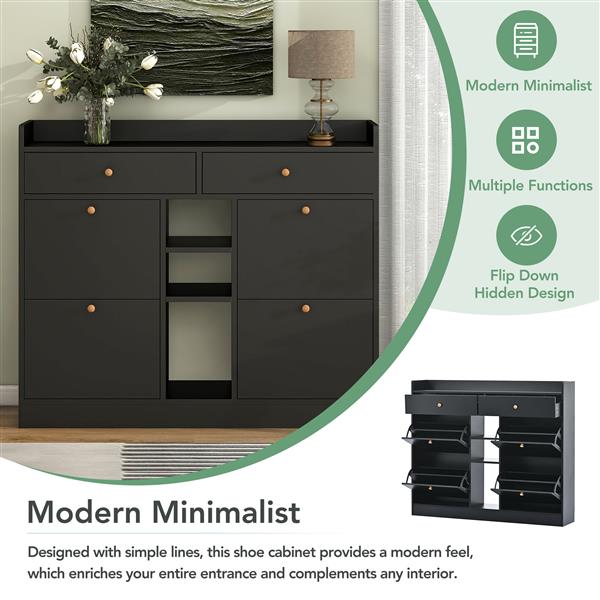 Modern Shoe Cabinet with 4 Flip Drawers, Multifunctional 2-Tier Shoe Storage Organizer with Drawers, Free Standing Shoe Rack for Entrance Hallway, Black.