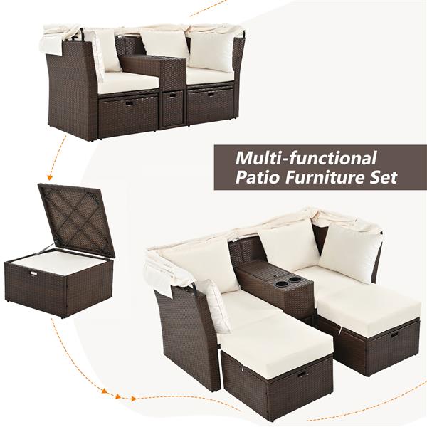 2-Seater Outdoor Patio Daybed Outdoor Double Daybed Outdoor Loveseat Sofa Set with Foldable Awning and Cushions for Garden, Balcony, Poolside, Beige