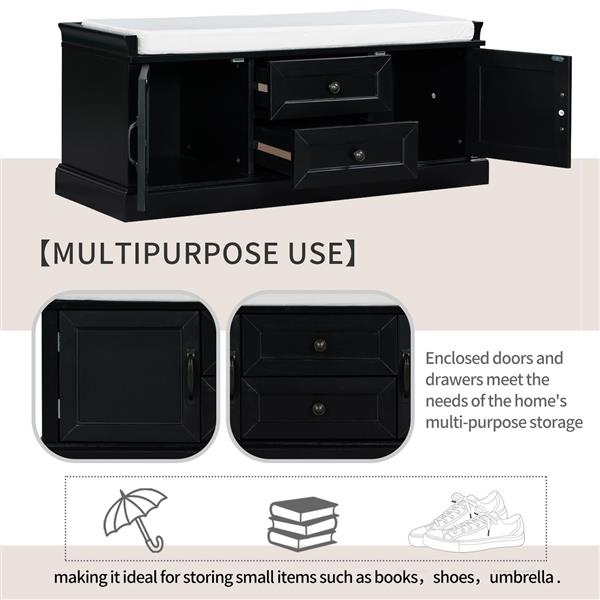 Storage Bench with 2 Drawers and 2 Cabinets, Shoe Bench with Removable Cushion for Living Room, Entryway (Black)