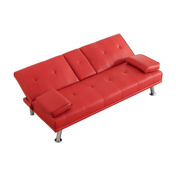 67" Red Leather Multifunctional Double Folding Sofa Bed for Office with Coffee Table