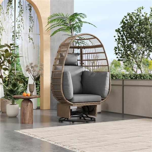 Outdoor Swivel Chair with Cushions, Rattan Egg Patio Chair with Rocking Function for Balcony, Poolside and Garden (Natural Wicker + Grey Cushion)