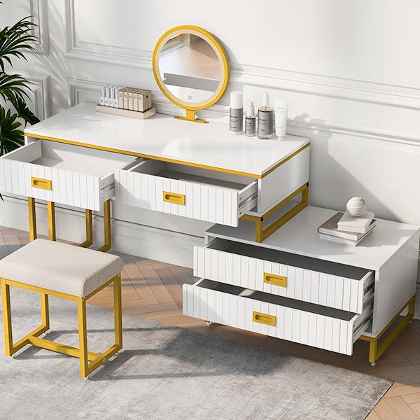 Modern Style Vanity Table With Movable Side Cabinet And 4-Drawers, Large Size Dressing Table With Mirror and 3-colors LED Light, Makeup Table With Stool, White, Golden Legs