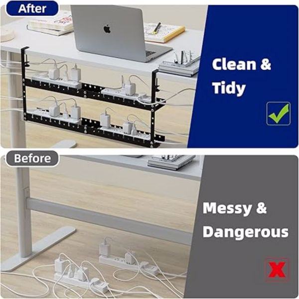 2 Layers Under Desk Cable Management Tray 31Inch Extendable Cable Management Tray Under Table Cable Management Tray Metal Under Desk Cord Management with Clamp Power Strip Cord Holder for Cable