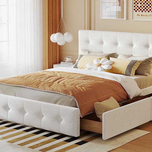 Upholstered Platform Bed with Classic Headboard and 4 Drawers, No Box Spring Needed, Linen Fabric, Queen Size White