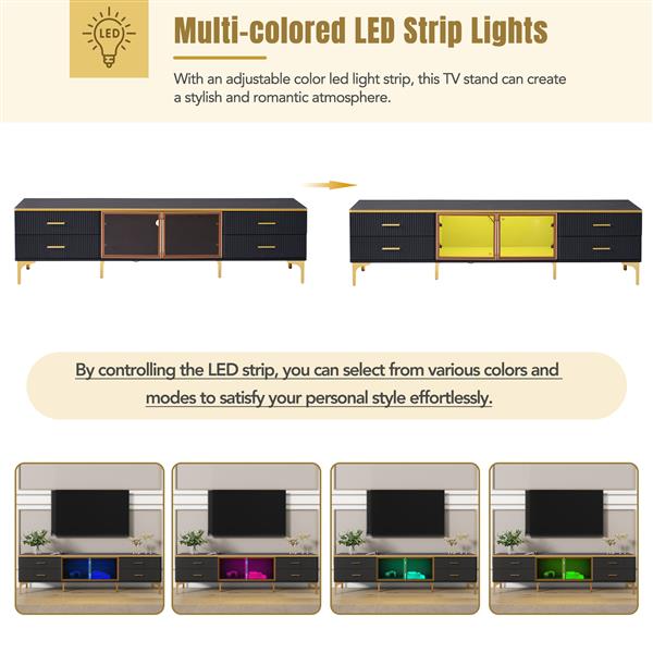 Stylish LED TV Stand with Marble-veined Table Top for TVs Up to 78'', Entertainment Center with Brown Glass Storage Cabinet, Golden Legs & Handles for Living Room, Black