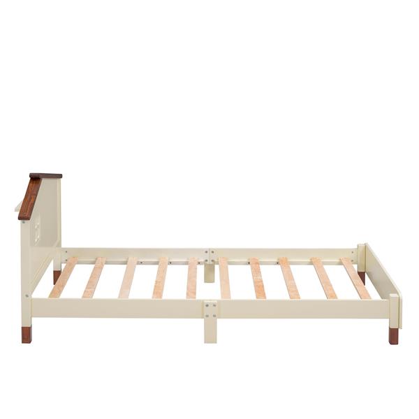 Twin Size Wood Platform Bed with House-shaped Headboard  (Cream+Walnut)