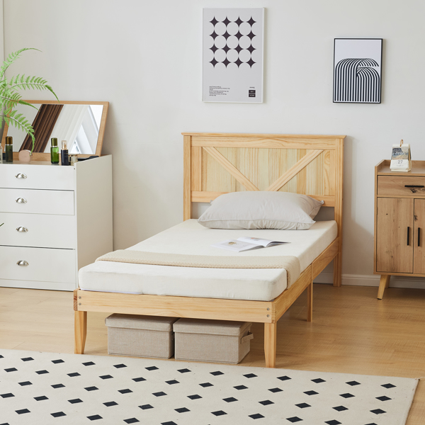 Twin Size Solid Wood Platform Bed Frame with Headboard Natural